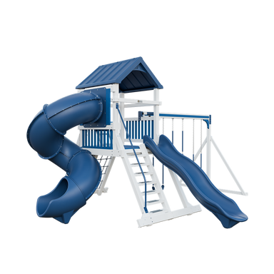 Climber 55 Turbo Deluxe swing set in white and blue, front left