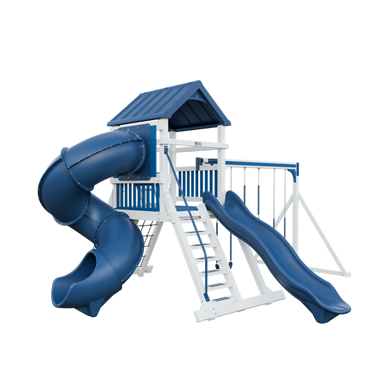 Climber 55 Turbo Deluxe swing set in white and blue, front left