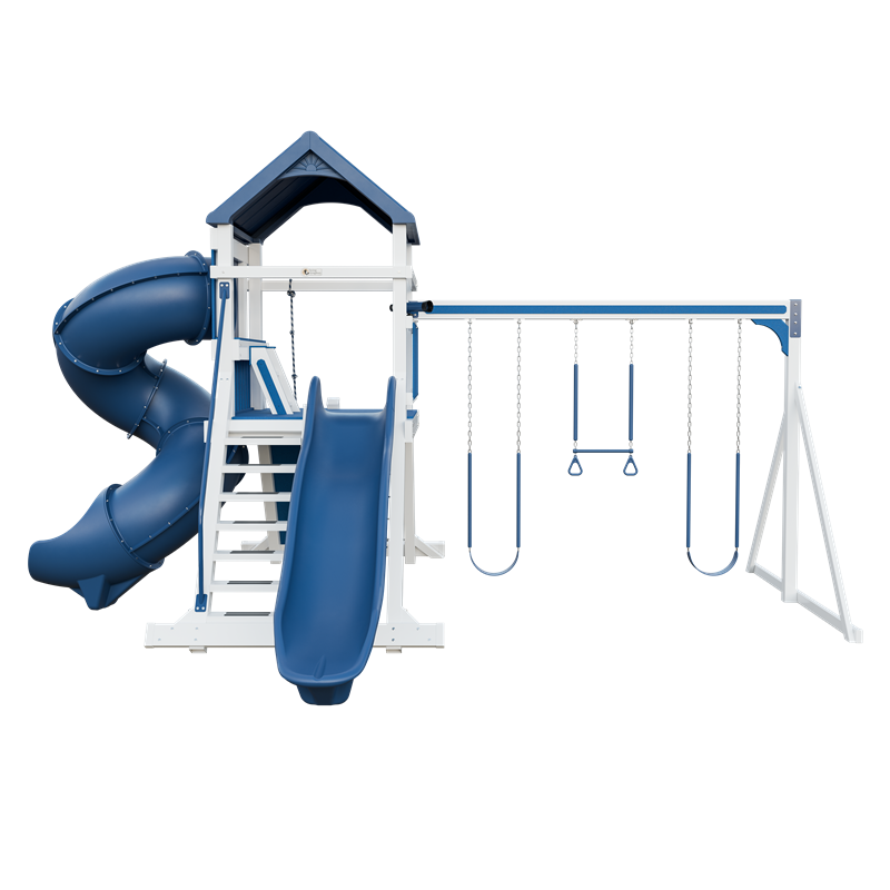 Climber 55 Turbo Deluxe swing set in white and blue, front