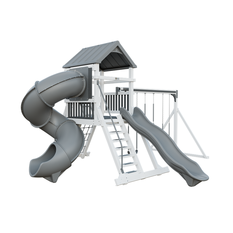 Climber 55 Turbo Deluxe swing set in white and gray, front left