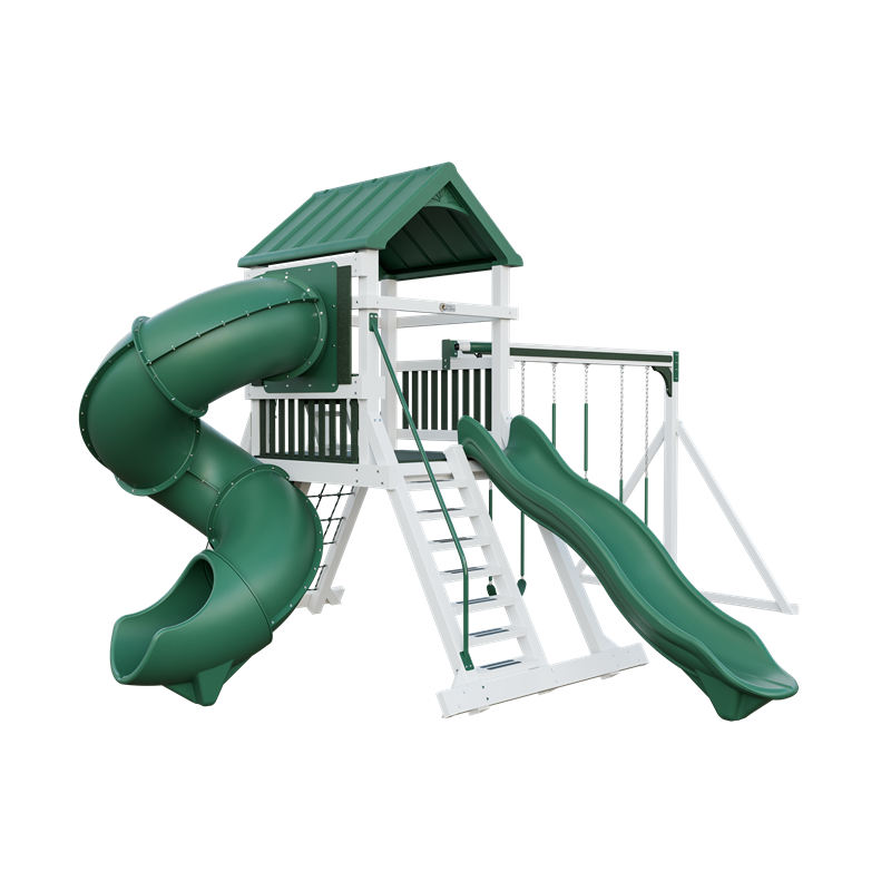 Climber 55 Turbo Deluxe swing set in white and green, front left