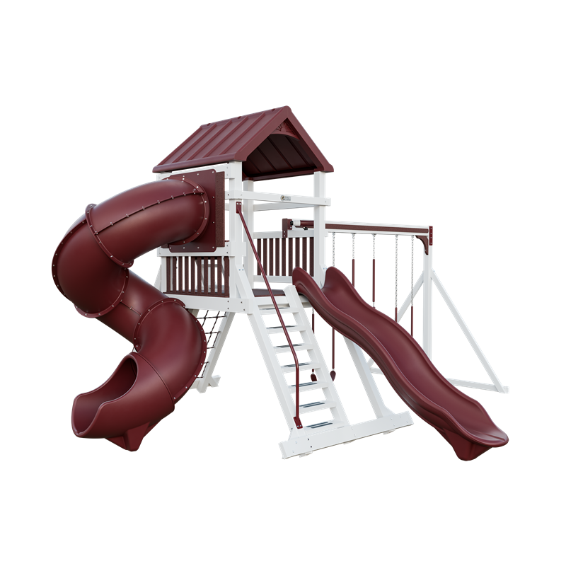 Climber 55 Turbo Deluxe swing set in white and red, front left