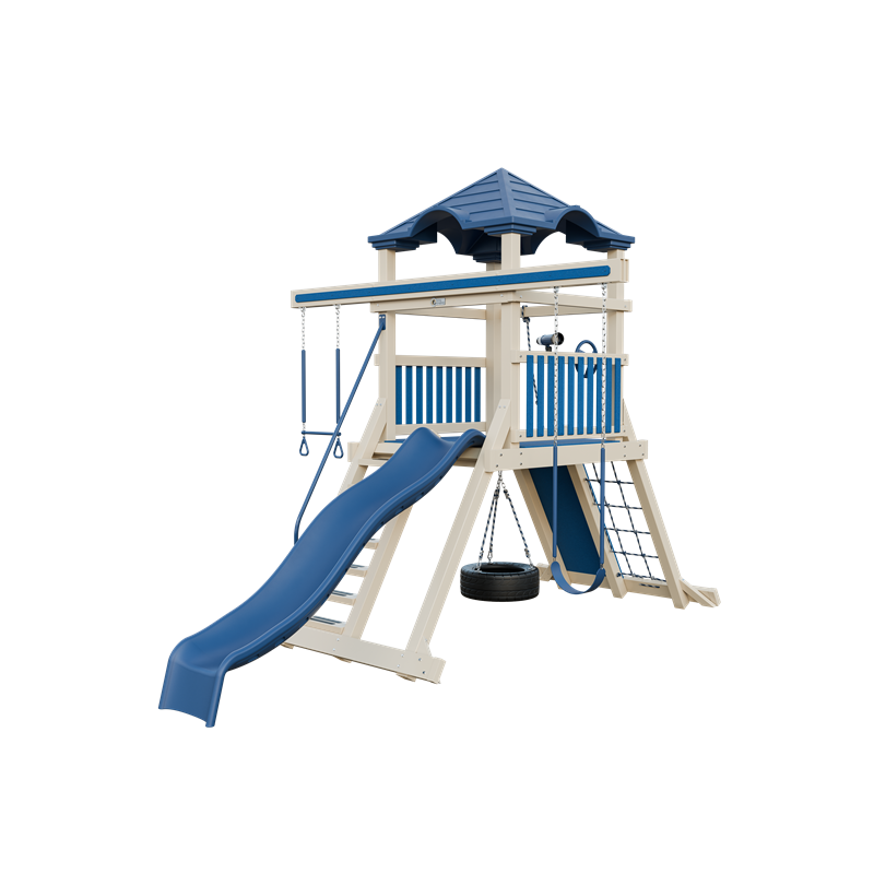 Climber 55 swing set in almond and blue, front right