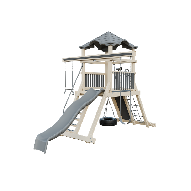 Climber 55 swing set in almond and gray, front right