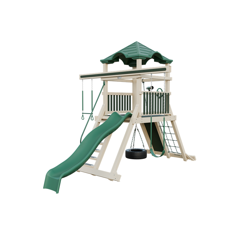 Climber 55 swing set in almond and green, front right