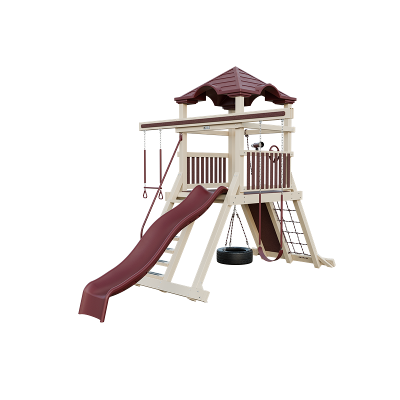 Climber 55 swing set in almond and red, front right