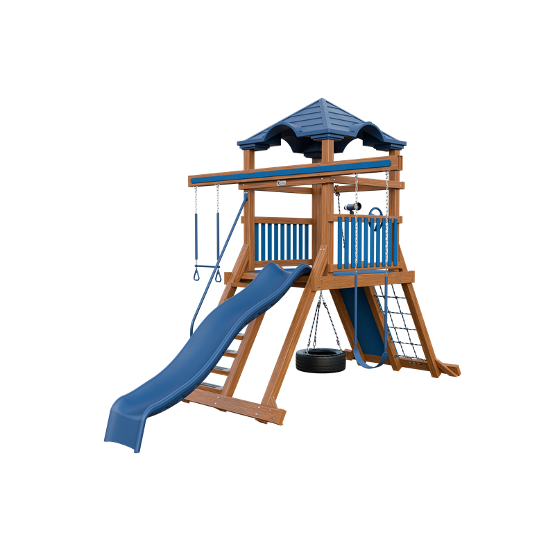 Climber 55 swing set in wood grain and blue, front right