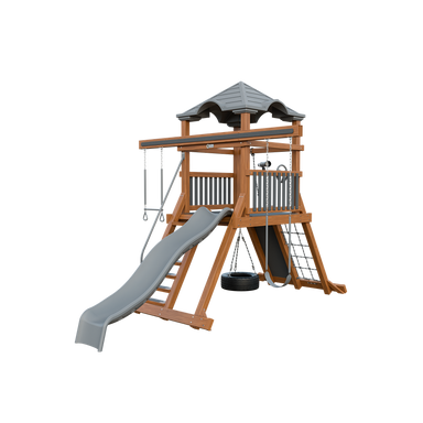 Climber 55 swing set in wood grain and gray, front right