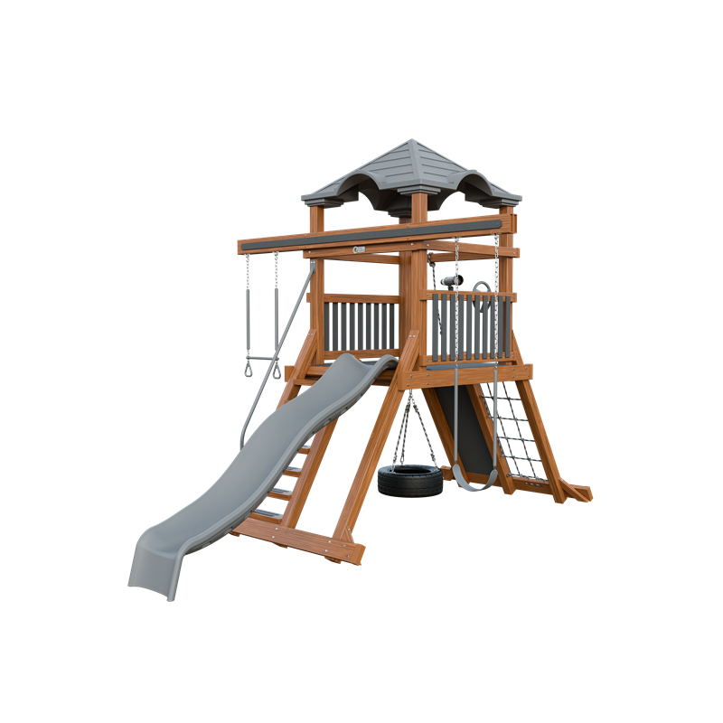 Climber 55 swing set in wood grain and gray, front right