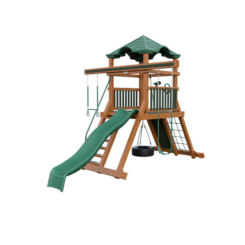 Climber 55 swing set in wood grain and green, front right