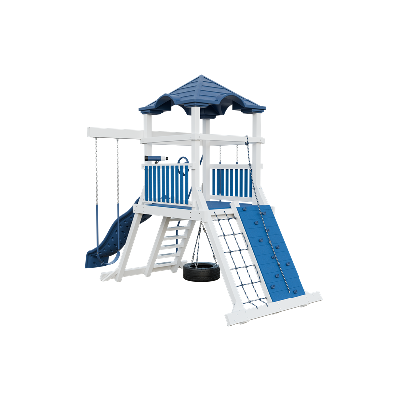 Climber 55 swing set in white and blue, back left