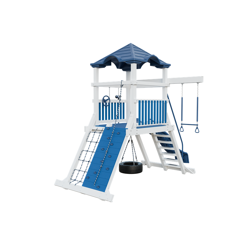 Climber 55 swing set in white and blue, back right