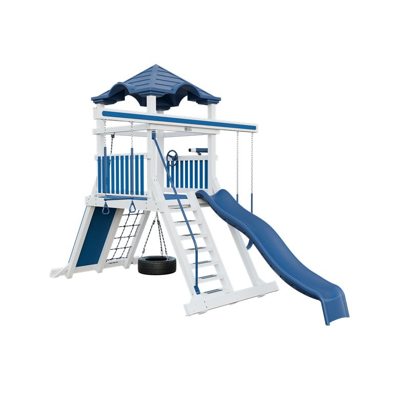 Climber 55 swing set in white and blue, front left