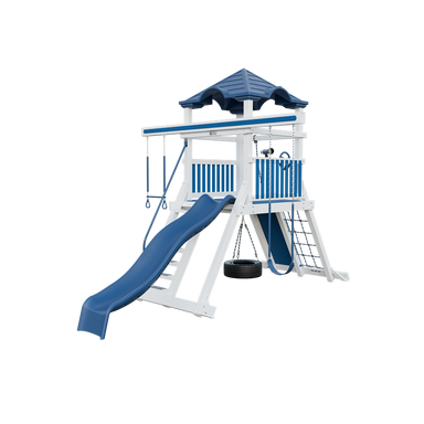 Climber 55 swing set in white and blue, front right