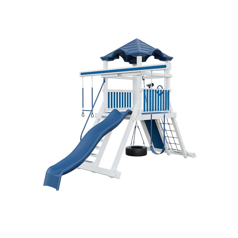 Climber 55 swing set in white and blue, front right