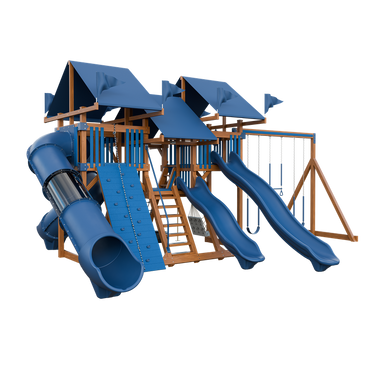 Mega Climber 55 Deluxe swing set in wood grain and blue, front left