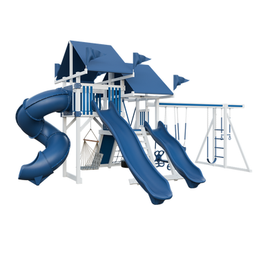 Mega Climber 55 swing set in white and blue, front left