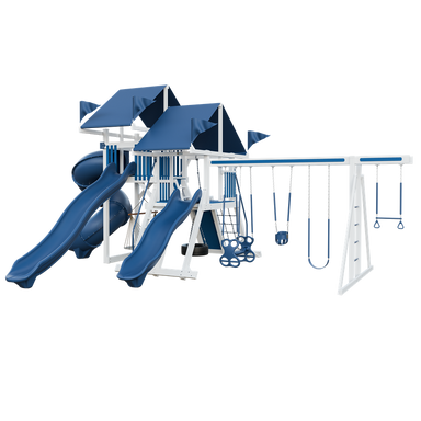 Mega Climber 55 swing set in white and blue, front right