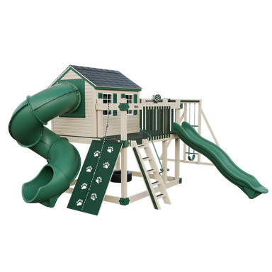 Cabin Deluxe swing set in almond and green, front left