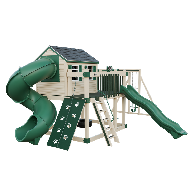 Cabin Deluxe swing set in almond and green, front left