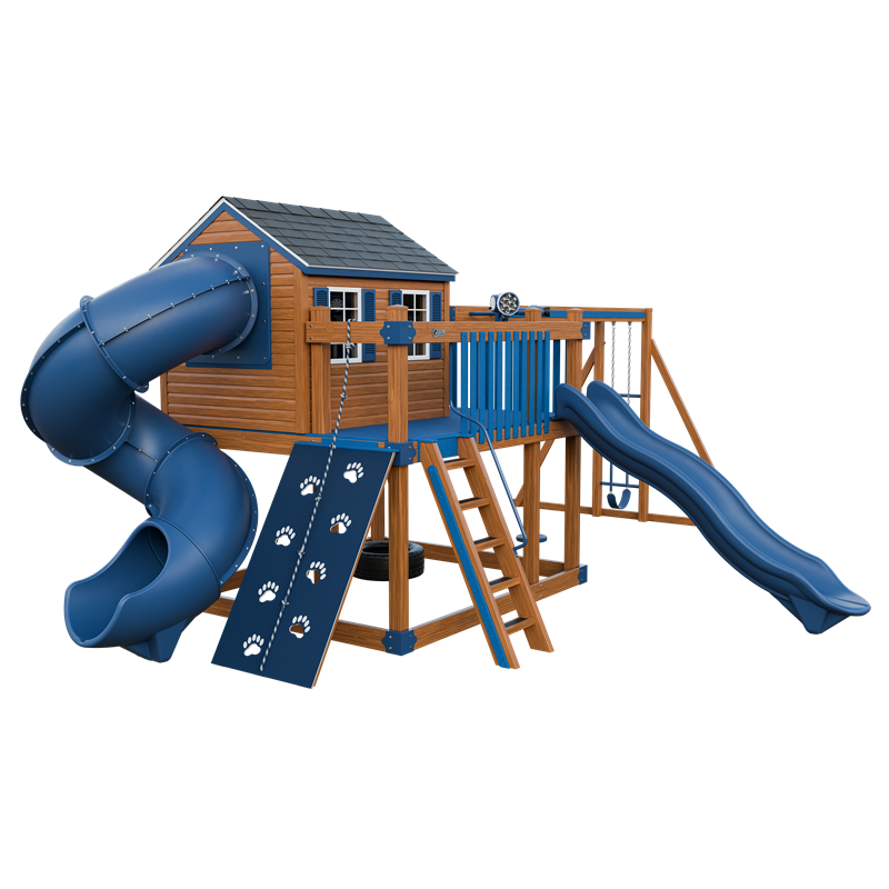 Cabin Deluxe swing set in wood grain and blue, front left