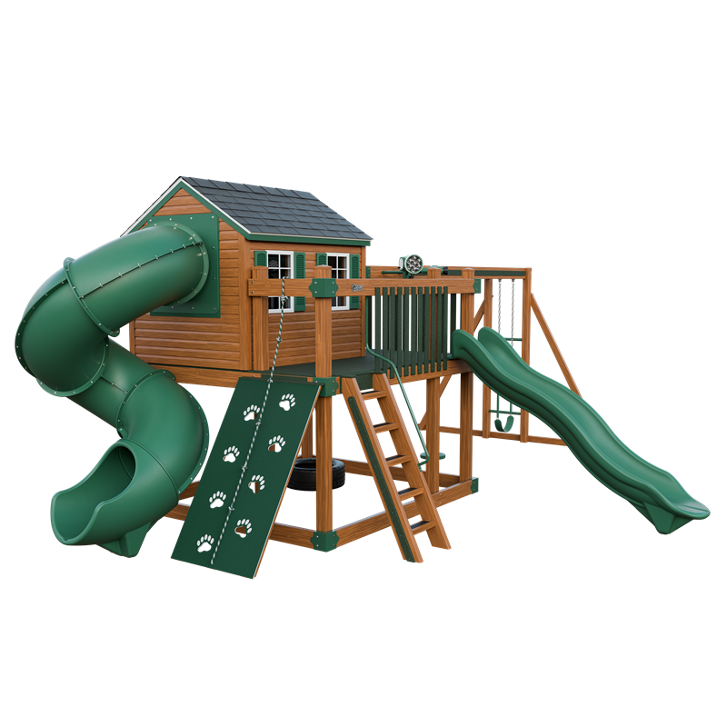 Cabin Deluxe swing set in wood grain and green, front left