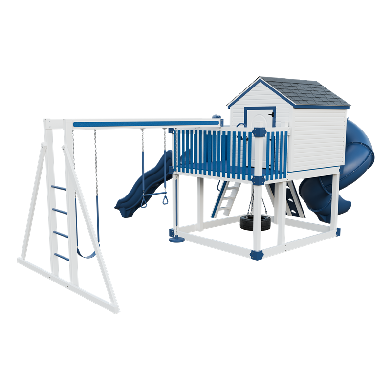 Cabin Deluxe swing set in white and blue, back left