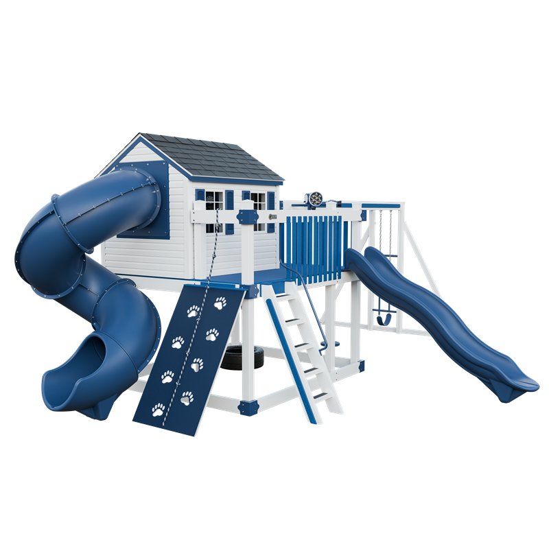 Cabin Deluxe swing set in white and blue, front left