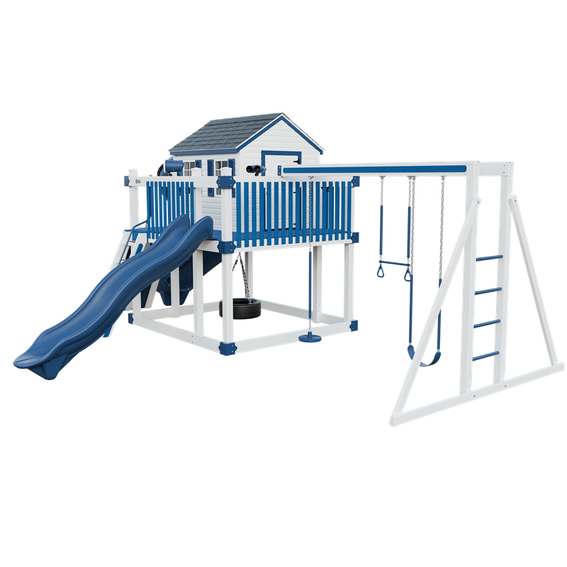 Cabin Deluxe swing set in white and blue, front right