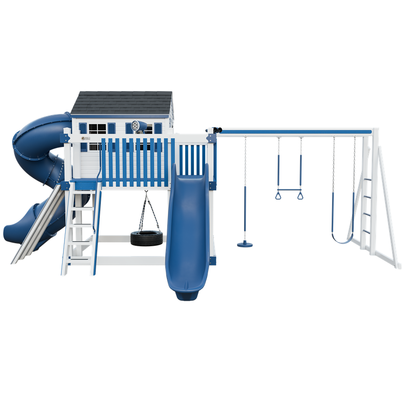 Cabin Deluxe swing set in white and blue, front