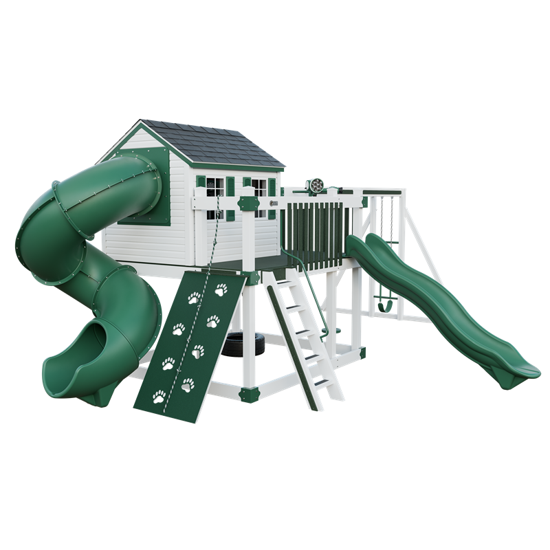 Cabin Deluxe swing set in white and green, front left