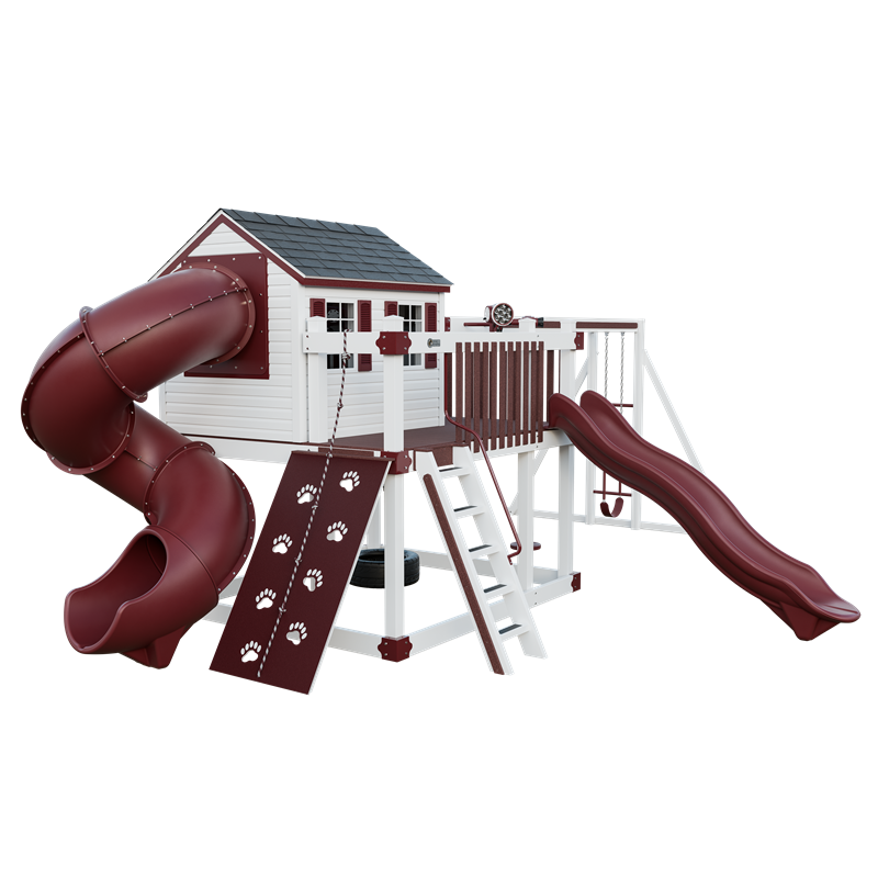 Cabin Deluxe swing set in white and red, front left