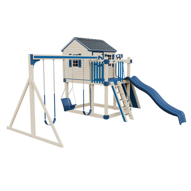 Cabin swing set in almond and blue, front left