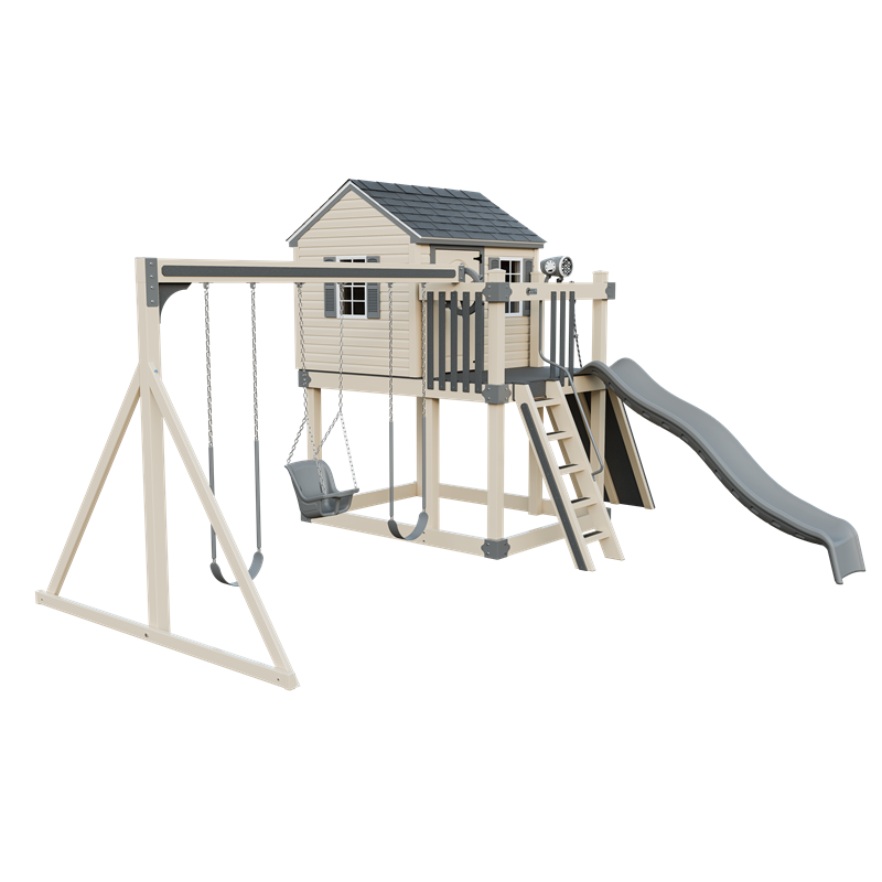 Cabin swing set in almond and gray, front left