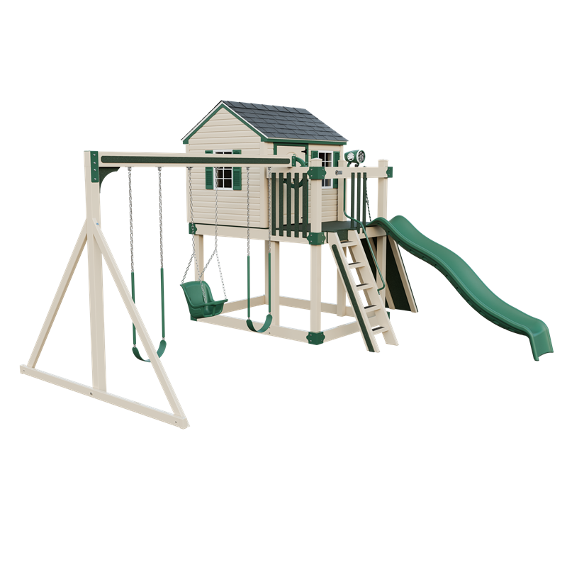 Cabin swing set in almond and green, front left