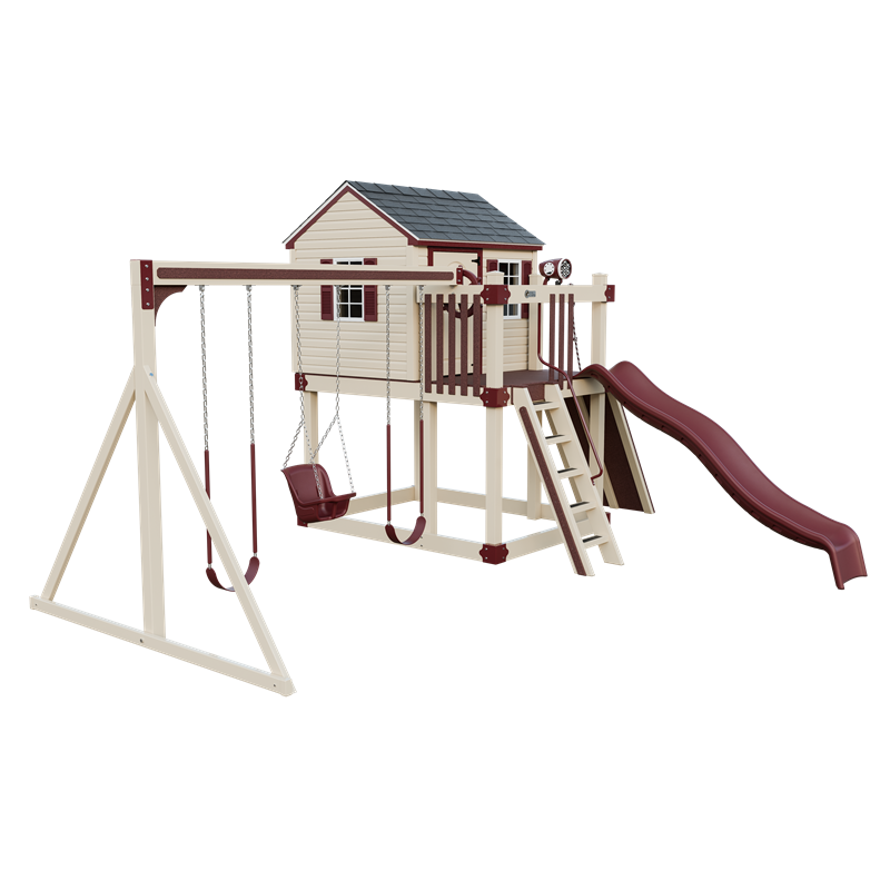 Cabin swing set in almond and red, front left