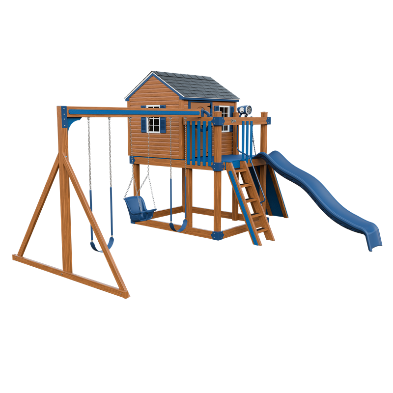 Cabin swing set in wood grain and blue, front left