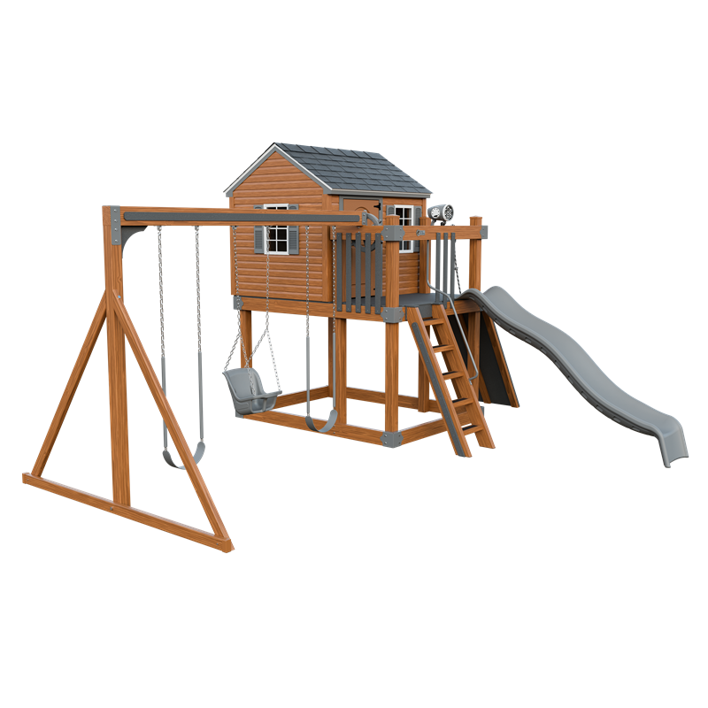 Cabin swing set in wood grain and gray, front left