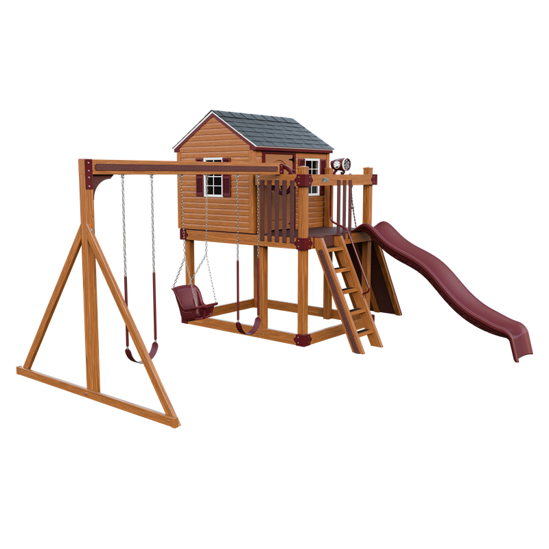 Cabin swing set in wood grain and red, front left