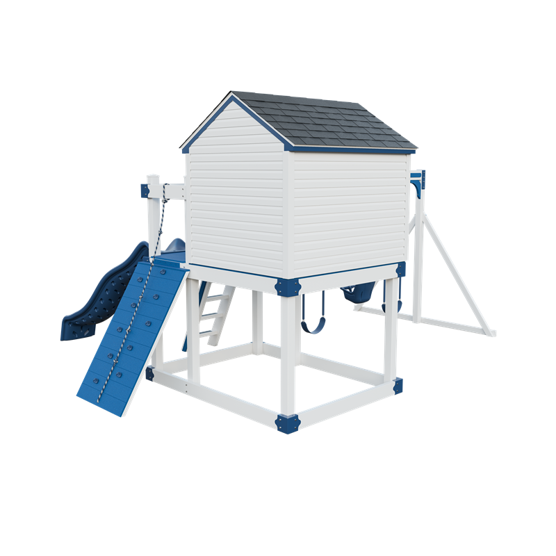 Cabin swing set in white and blue, back left