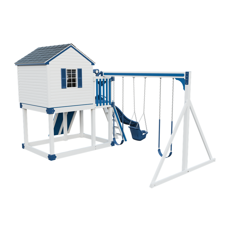 Cabin swing set in white and blue, back right