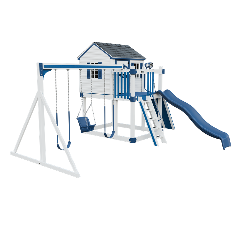 Cabin swing set in white and blue, front left