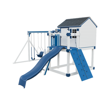 Cabin swing set in white and blue, front right