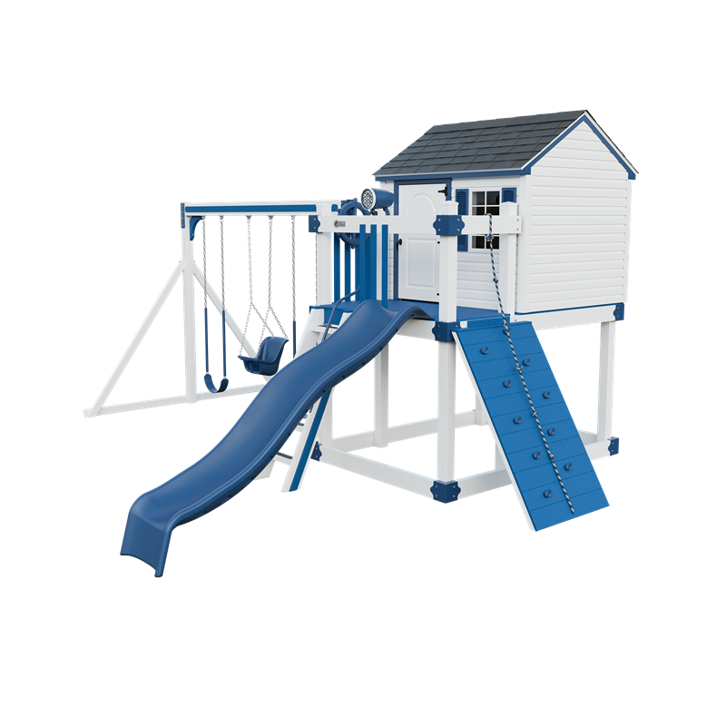 Cabin swing set in white and blue, front right