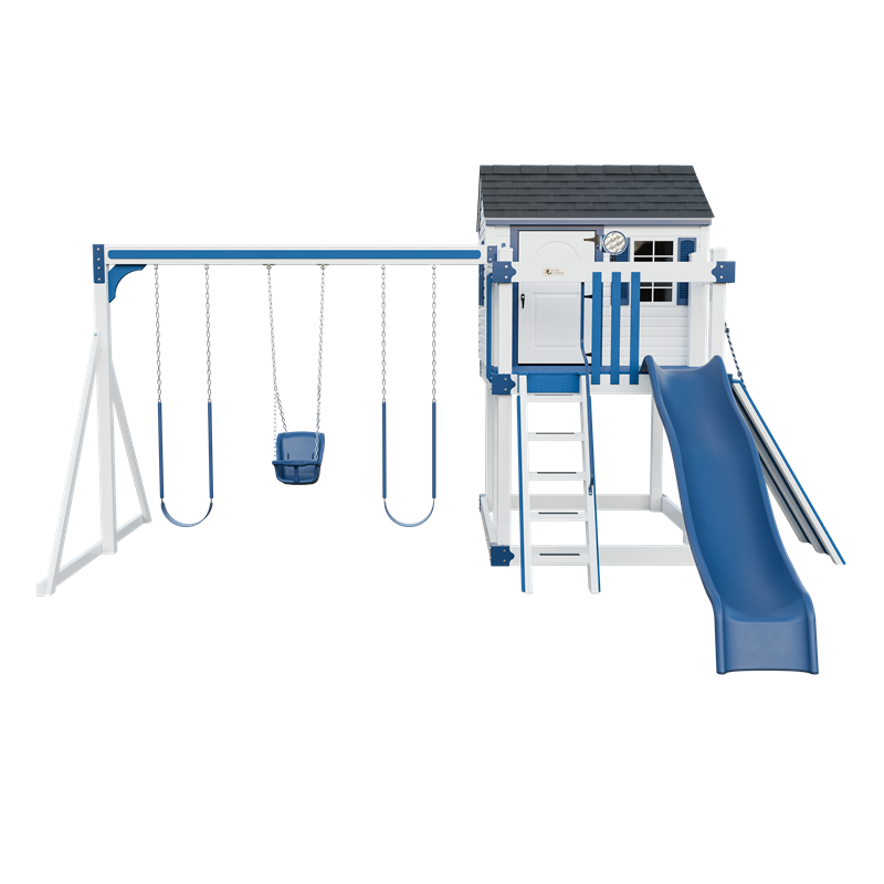 Cabin swing set in white and blue, front