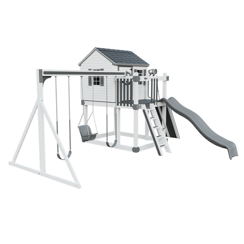 Cabin swing set in white and gray, front left