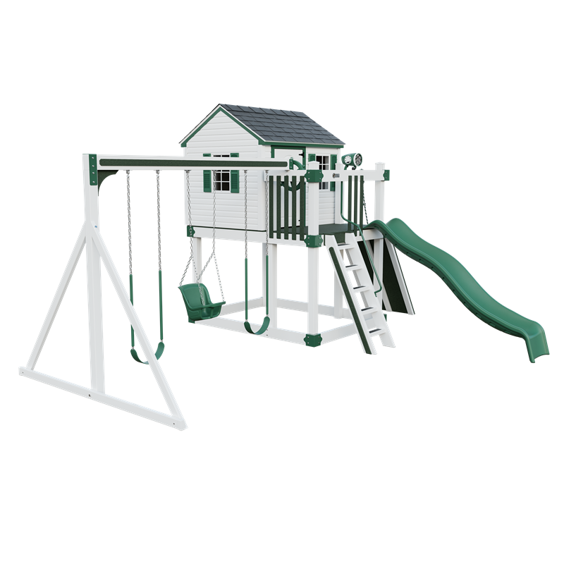 Cabin swing set in white and green, front left