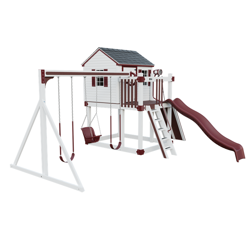 Cabin swing set in white and red, front left