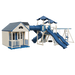Cottage Escape swing set in almond and blue, front left