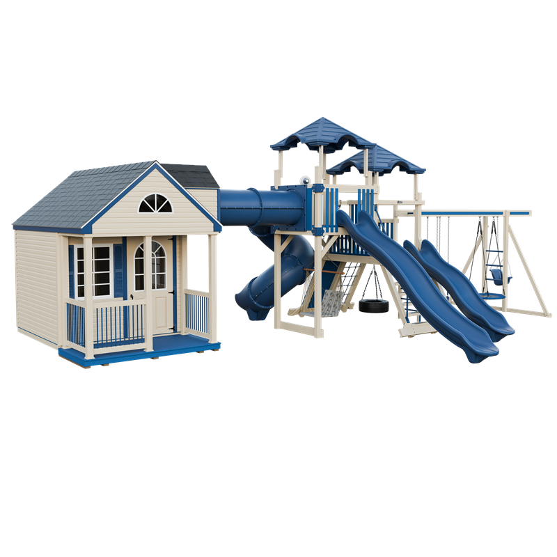 Cottage Escape swing set in almond and blue, front left